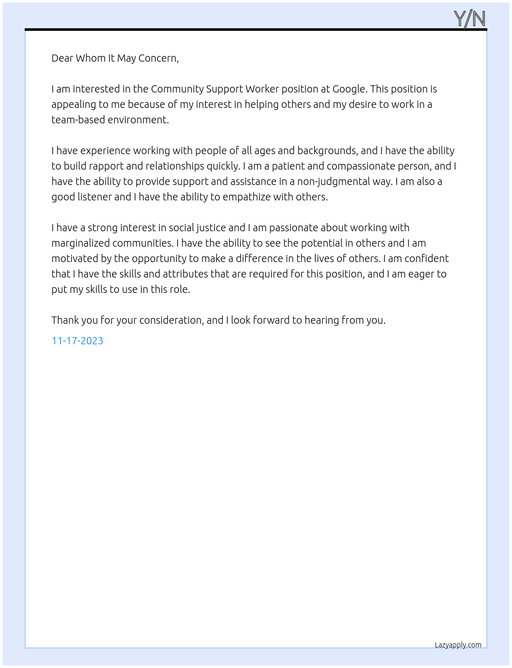 Community Support Worker At Google Cover Letter