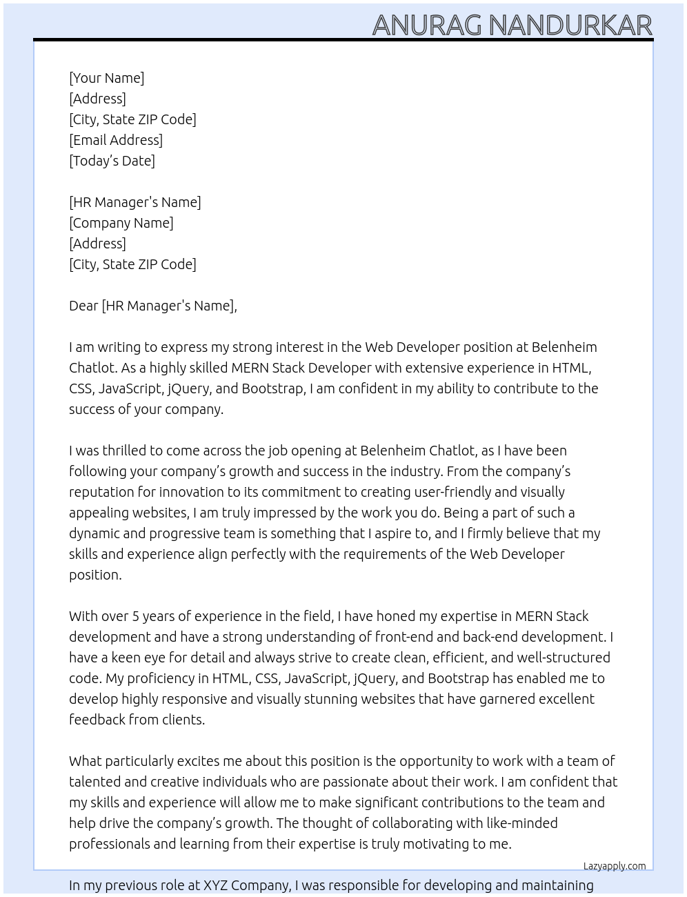 web devloper At belenheim chatlot Cover Letter