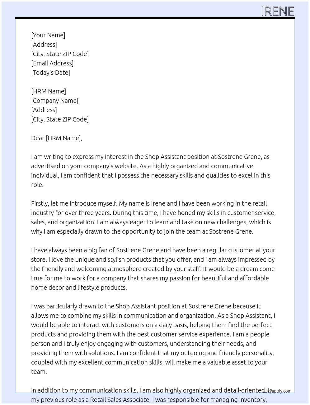 shop assistant At sostrene grene Cover Letter