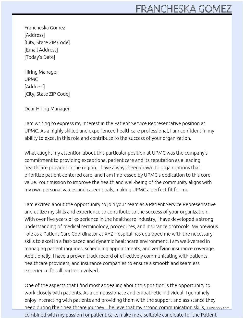 Patient service representative At UPMC Cover Letter