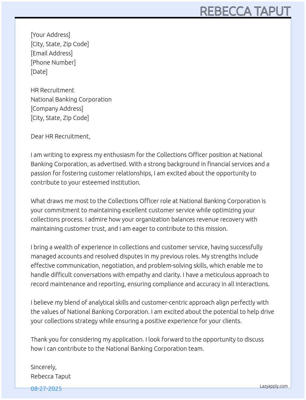 Collections Officer At National Banking Corporation Cover Letter