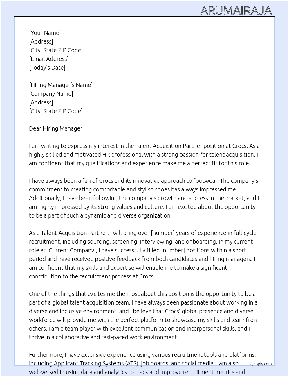 Talent Acquisition Partner At Crocs Cover Letter