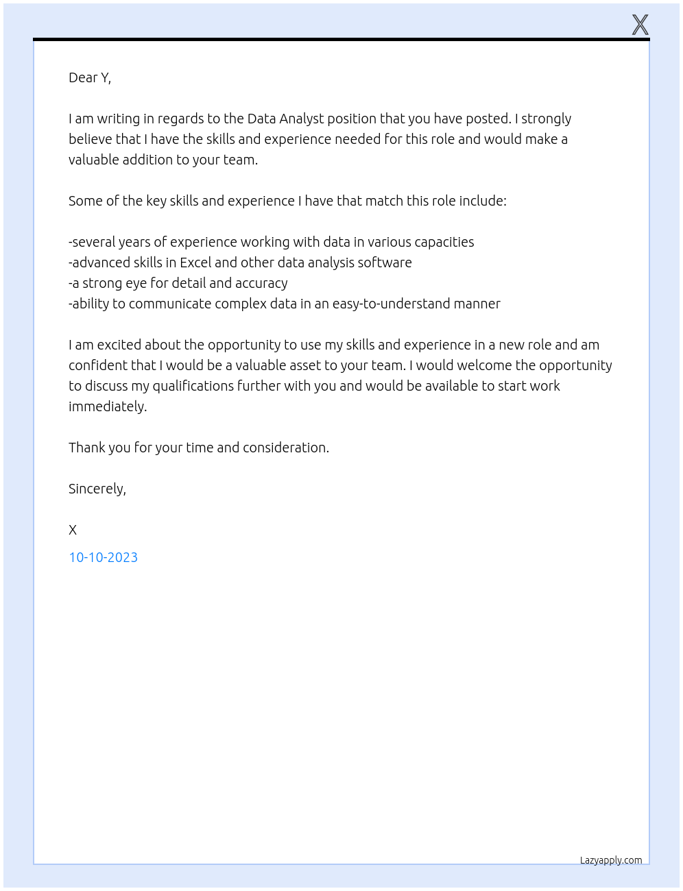 Data Analyst At y Cover Letter