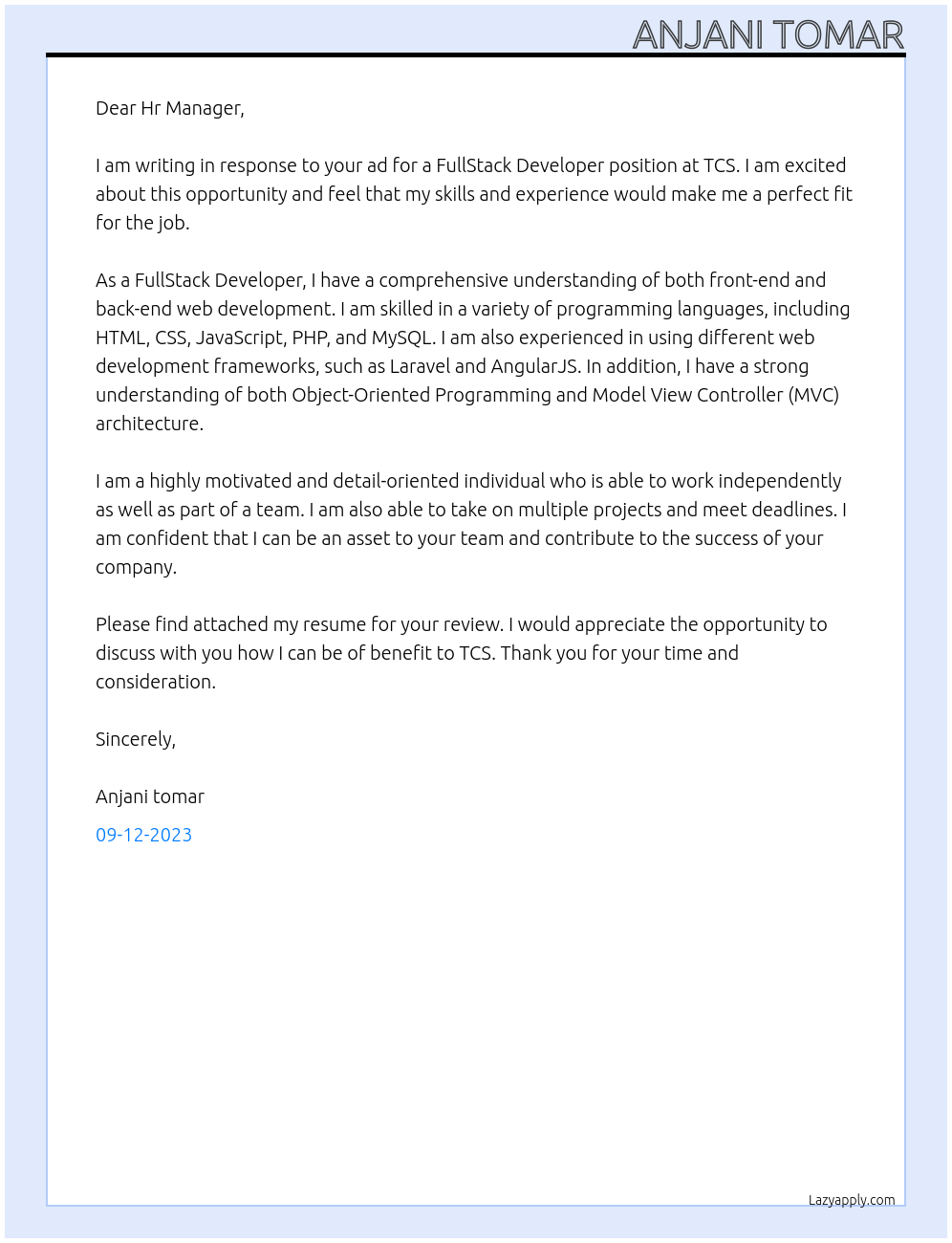 FullStack Developer At TCS Cover Letter