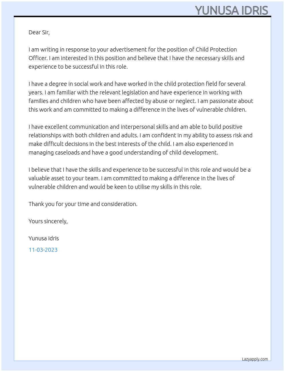 Child Protection  At Child Protection Officer Cover Letter