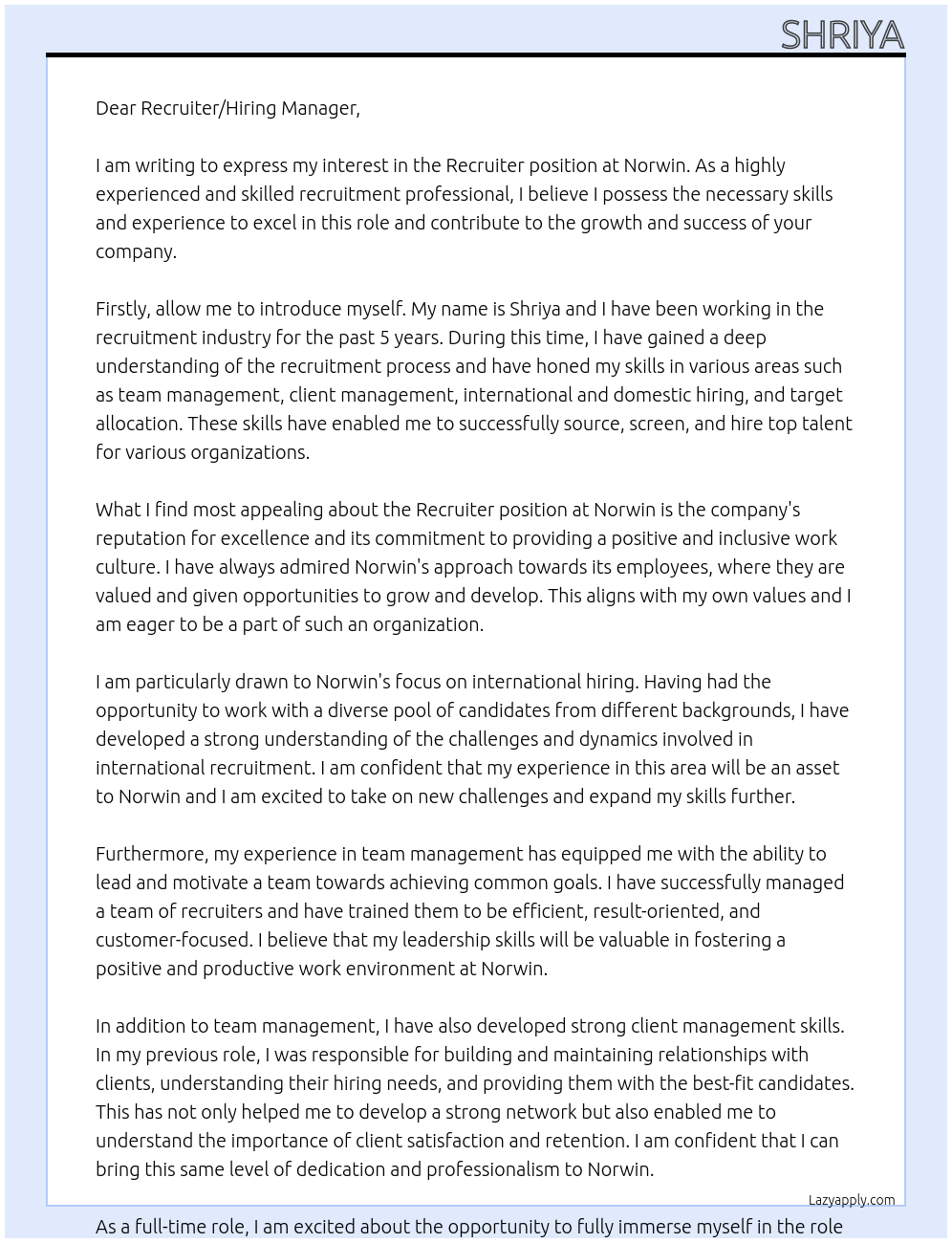 Recruiter At Norwin Cover Letter