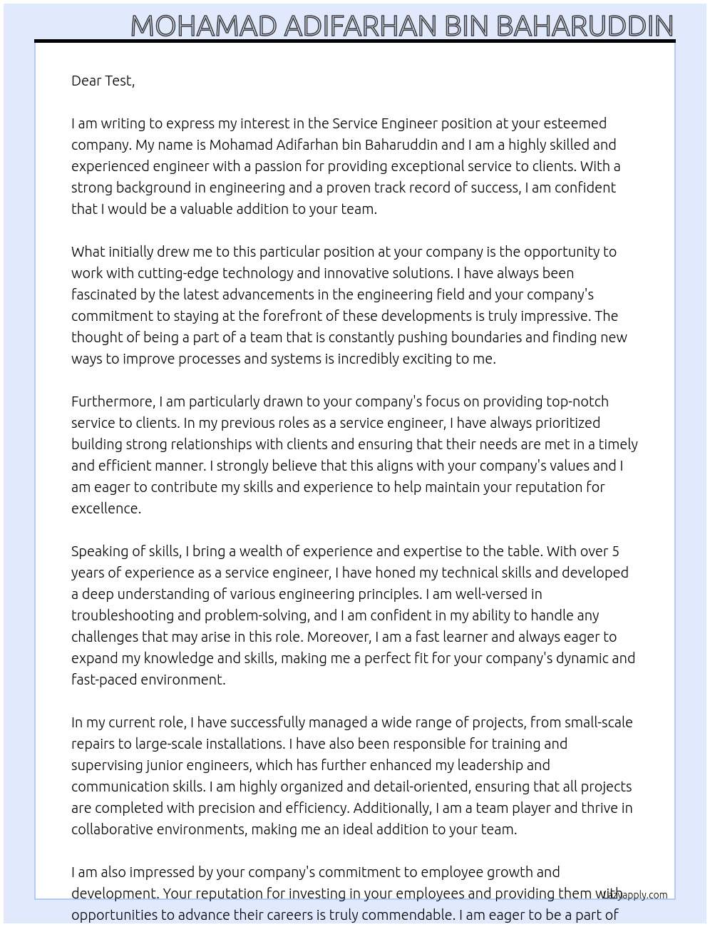 Service Engineer At Test Cover Letter