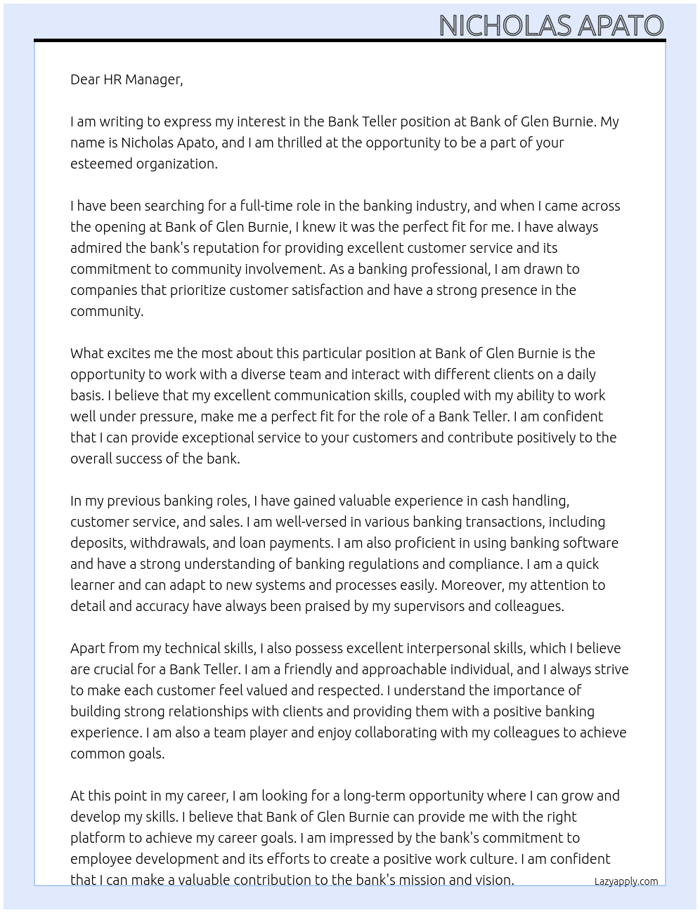 Bank Teller At Bank of Glen Burnie Cover Letter