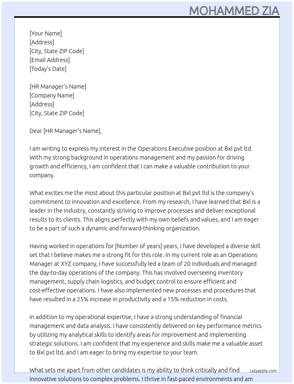 Operations executive At Bxl pvt ltd Cover Letter