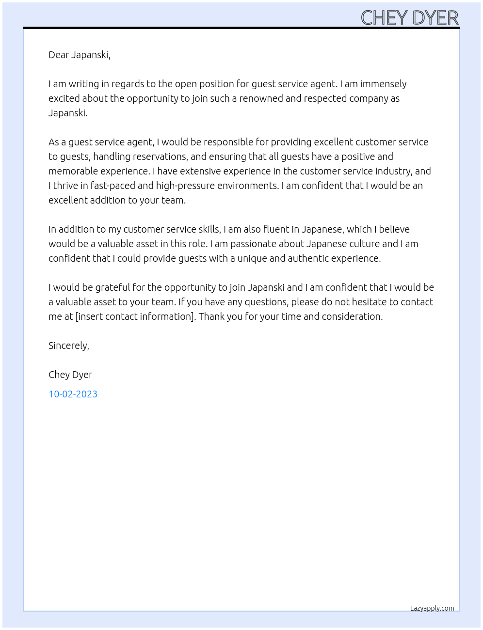 Guest service agent At Japanski Cover Letter