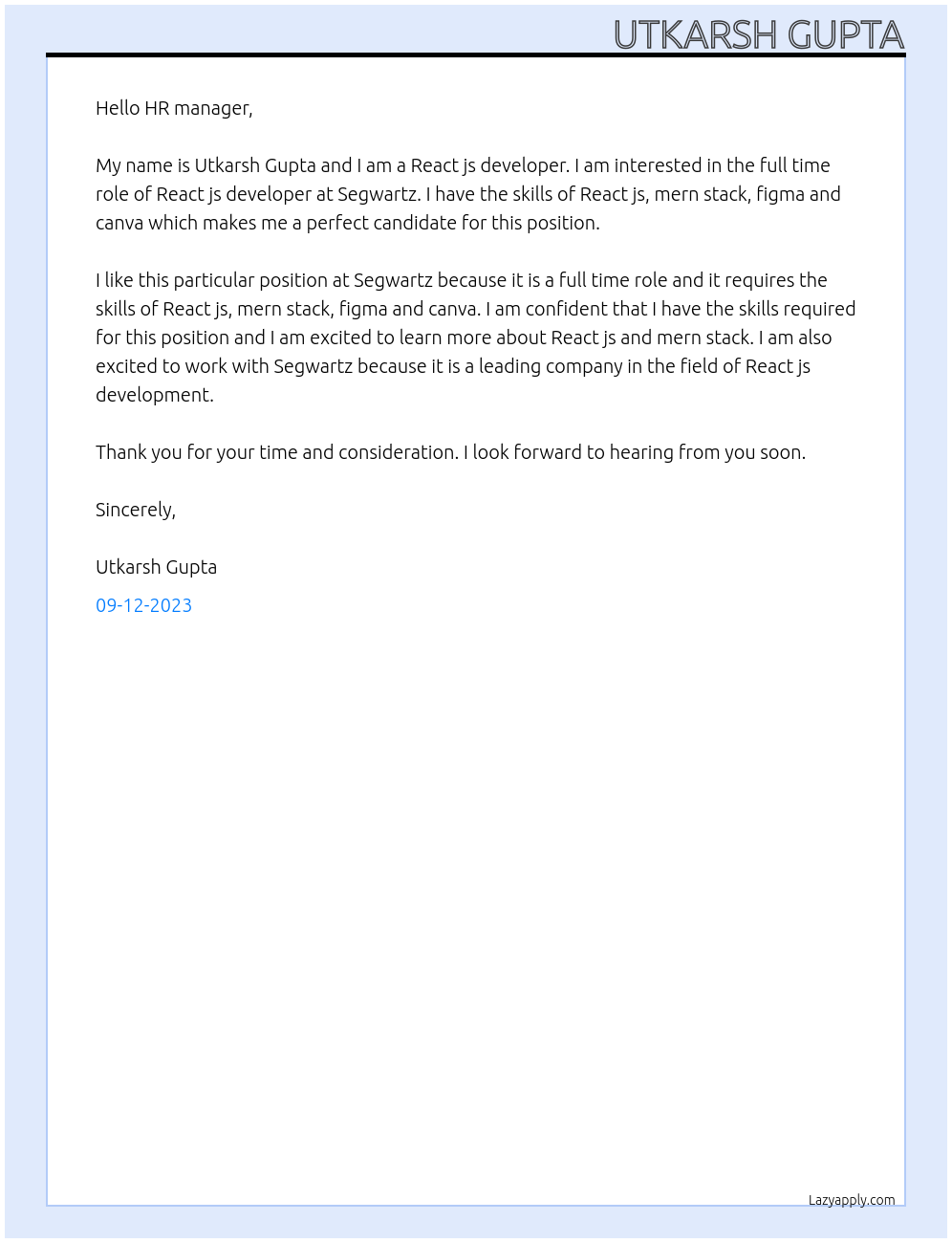 React js developer At Segwartz Cover Letter