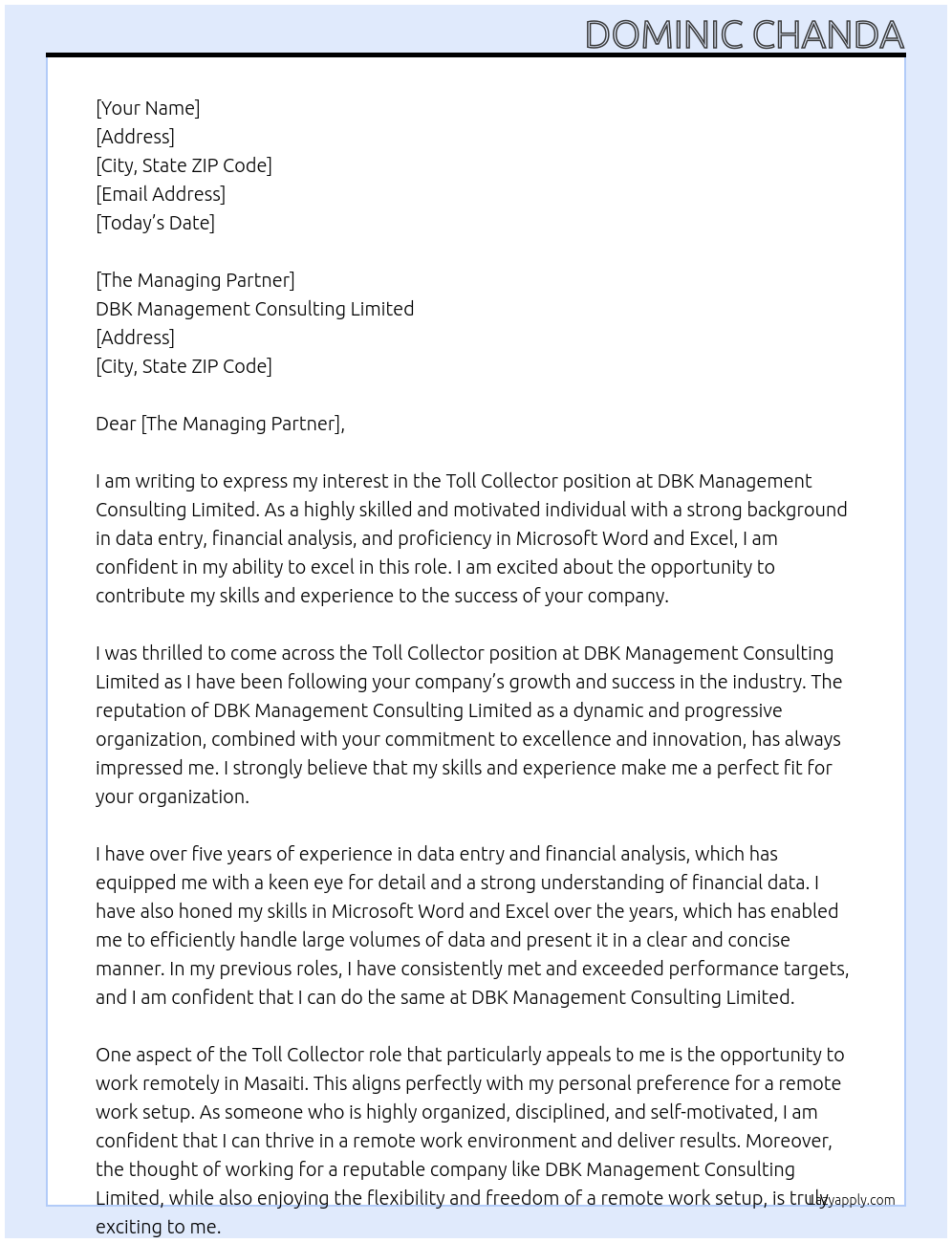 Toll Collector At DBK Management Consulting Limited Cover Letter