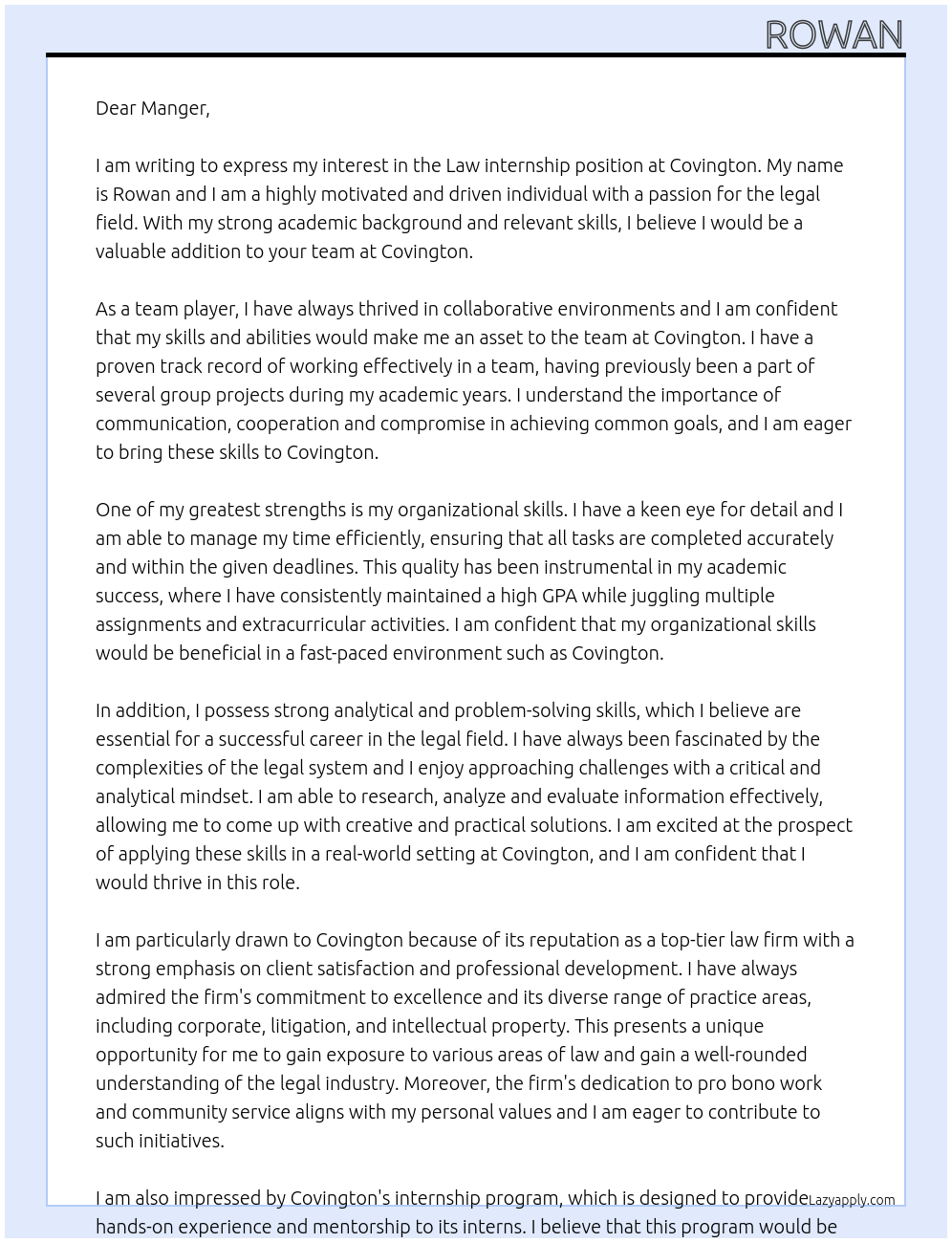Law internship At Covington Cover Letter