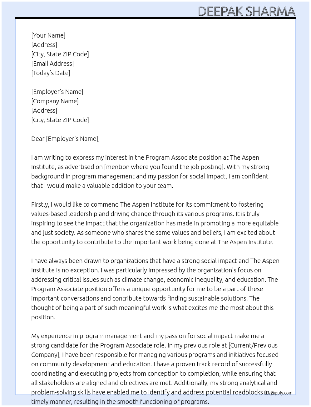 Program Associate At The Aspen Institute Cover Letter