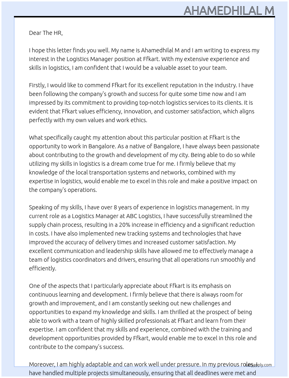 Logistics manager At Ffkart Cover Letter