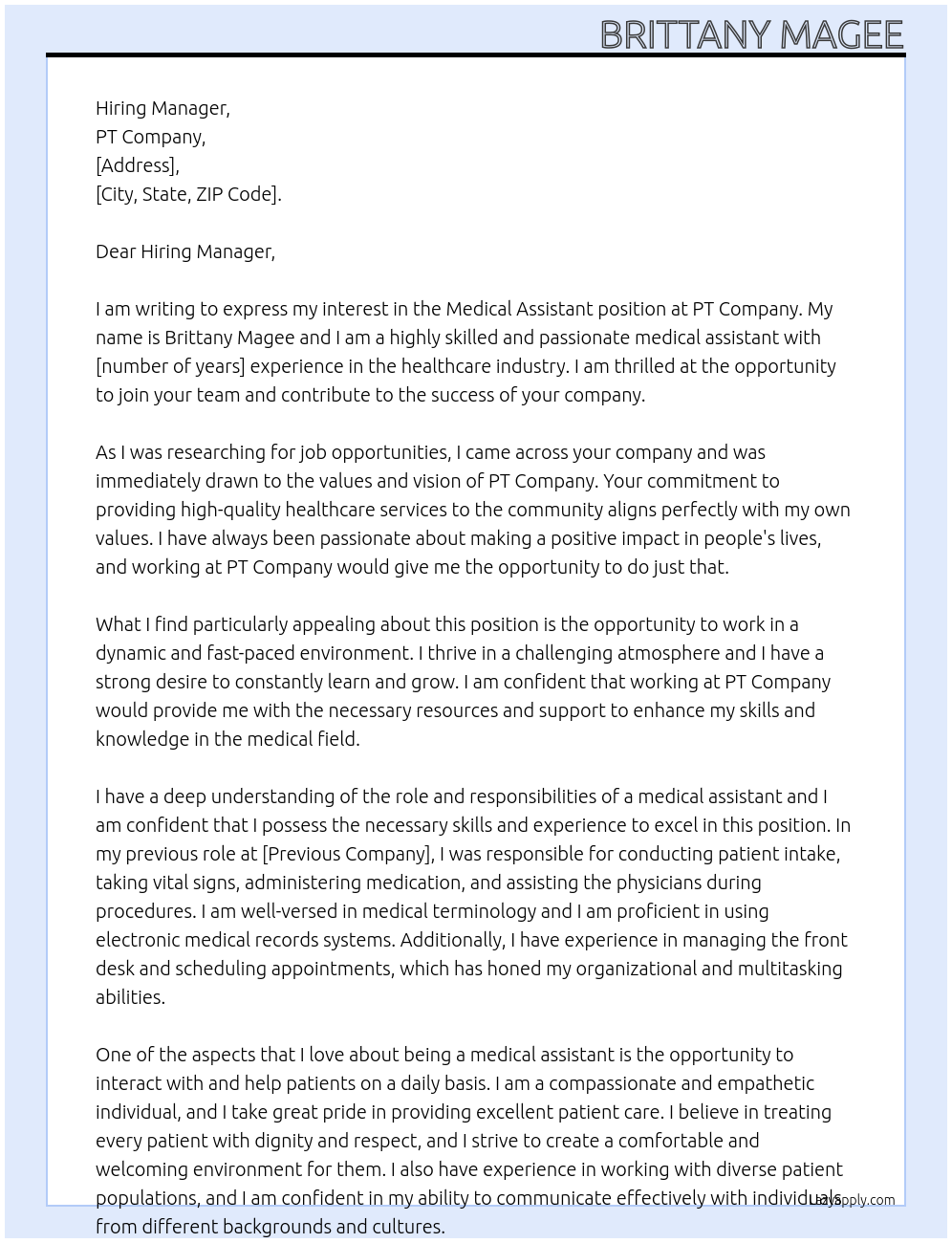 Medical assistant At PT Cover Letter