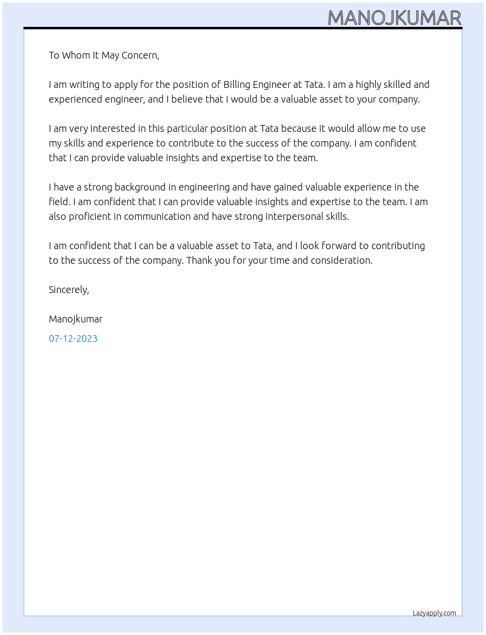 Billing engineer At Tata Cover Letter