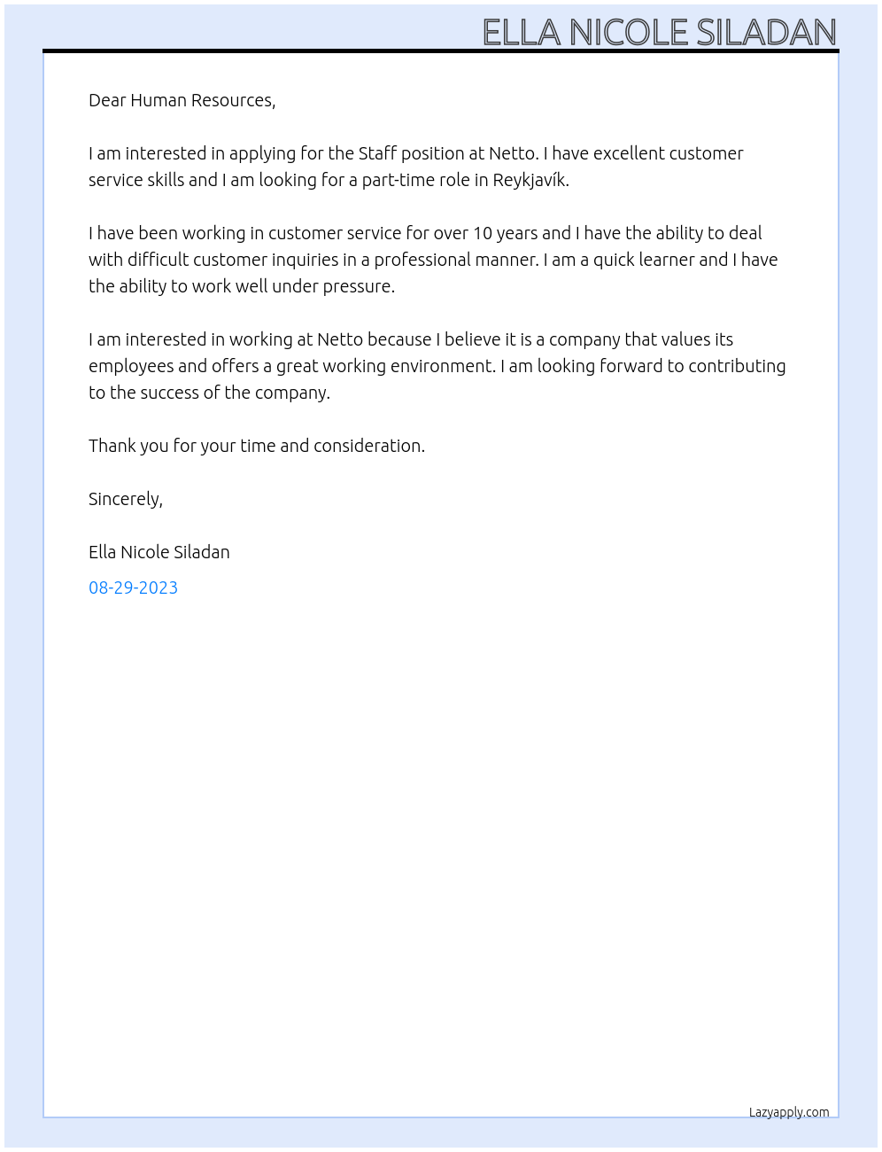 Staff At Netto Cover Letter