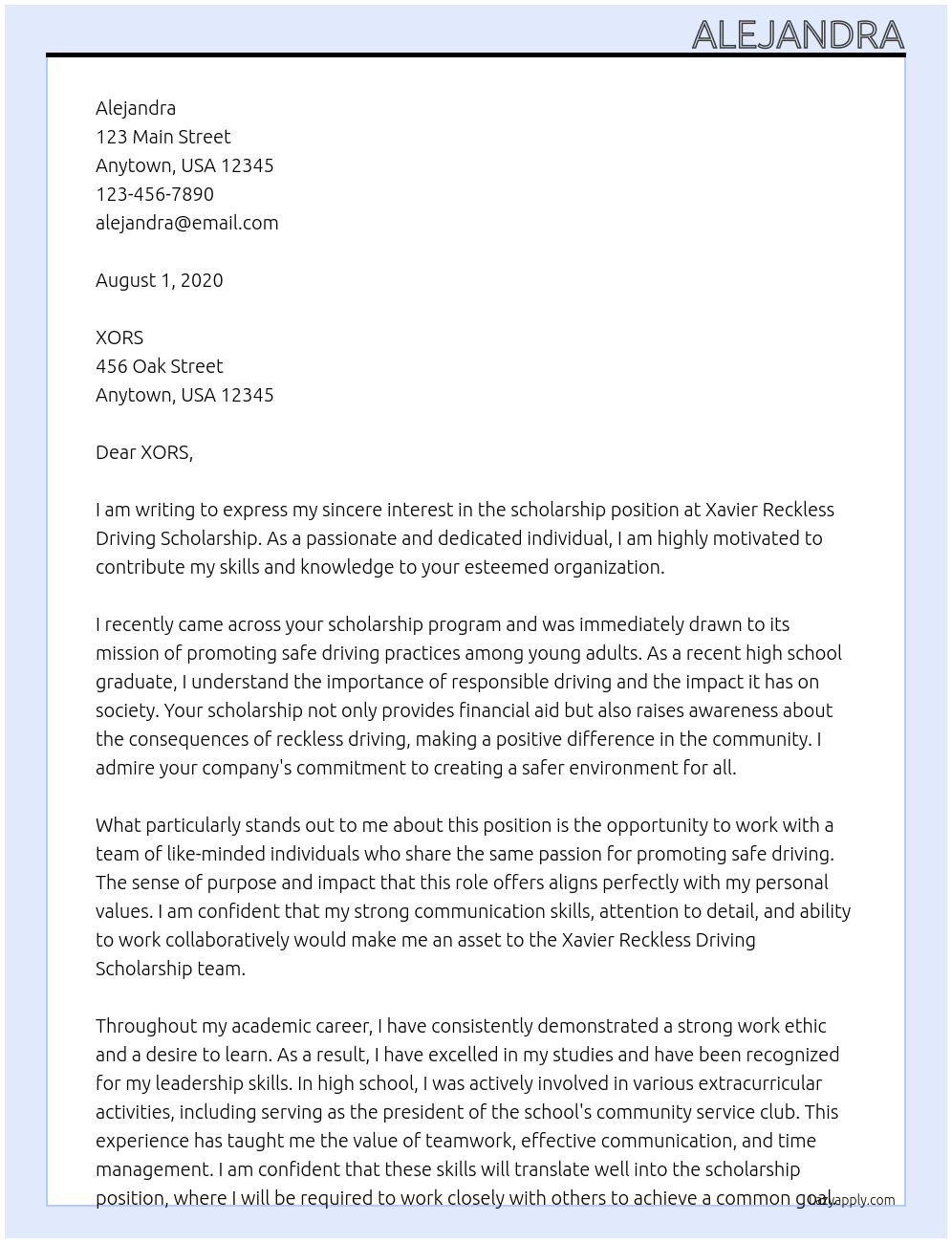 scholarship At Xavier Reckless Driving Scholarship Cover Letter