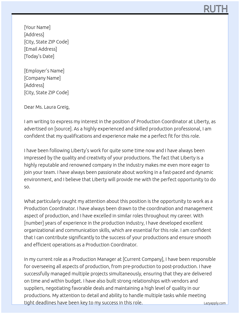 production coordinator At Liberty Cover Letter