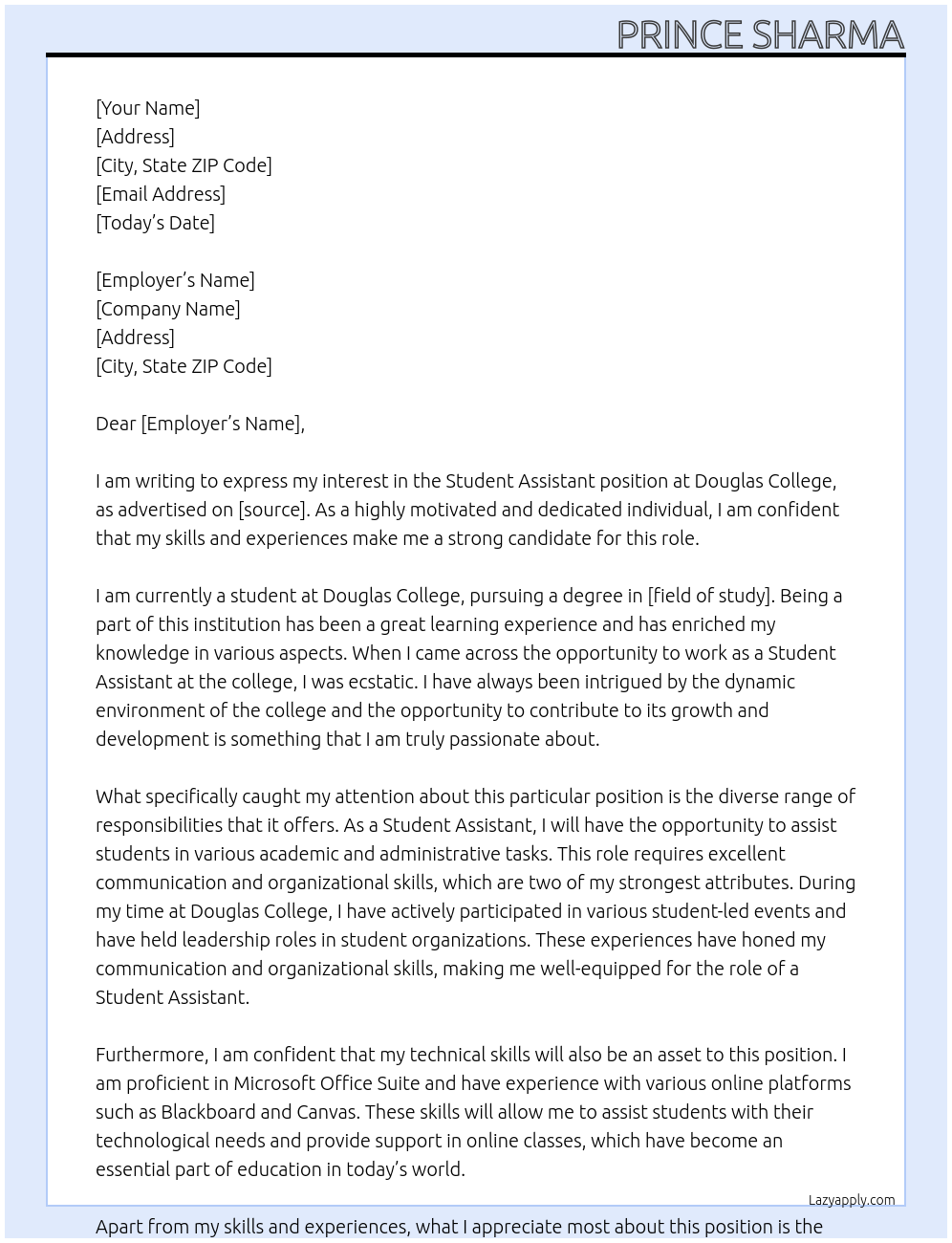 student assistant At douglas college Cover Letter