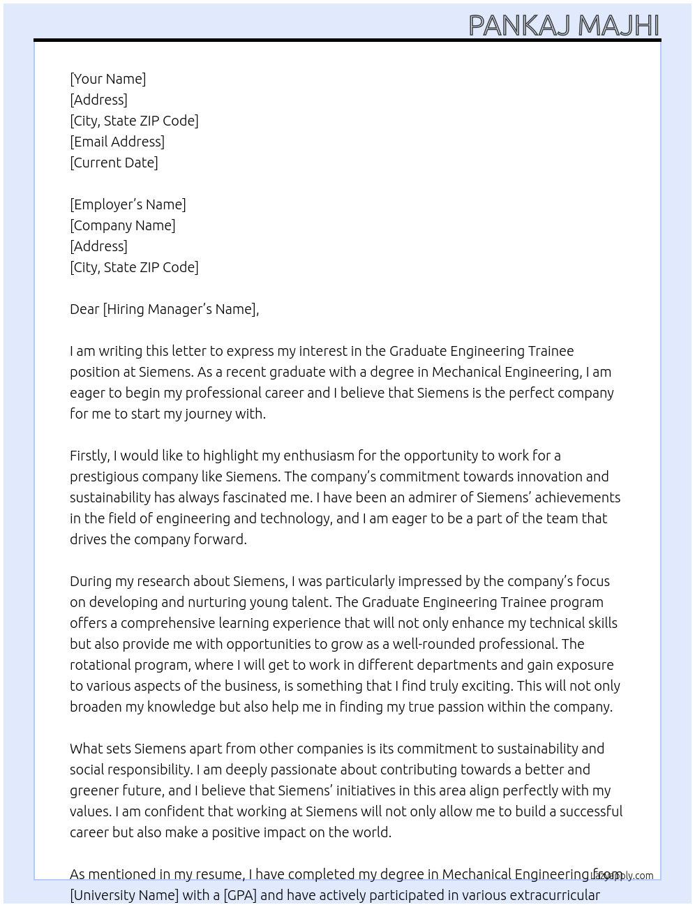 GRADUATE ENGINEERING TRAINEE At SIEMENS Cover Letter