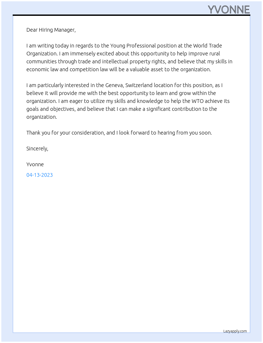 Young Professional  At World Trade Organization Cover Letter