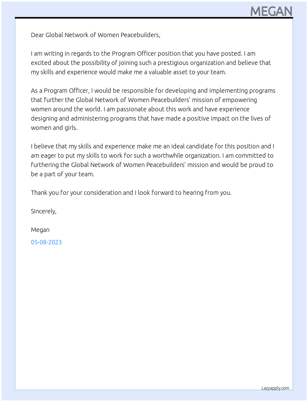 Program Officer At Global Network of Women Peacebuilders Cover Letter