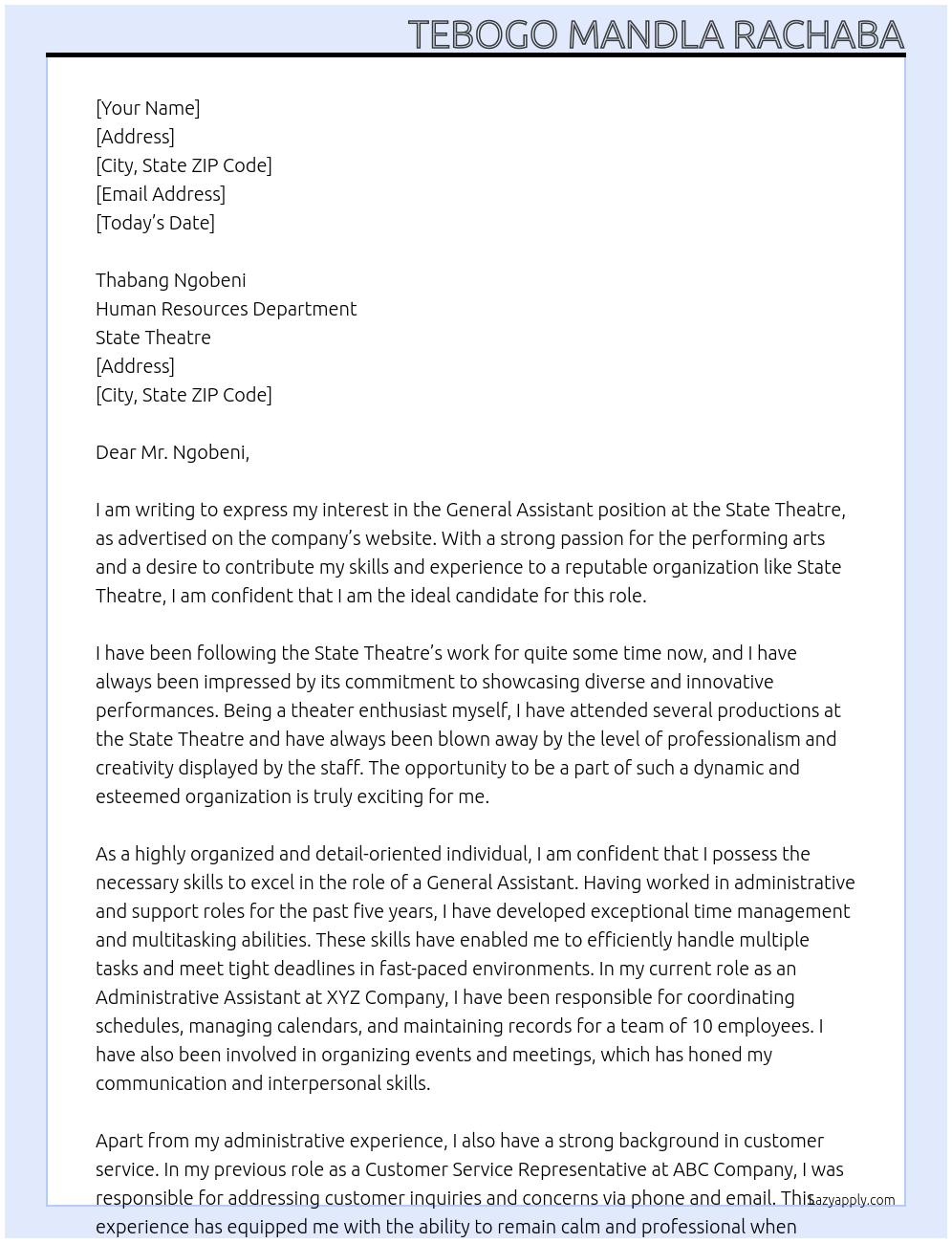 General Assistant  At State Theatre  Cover Letter