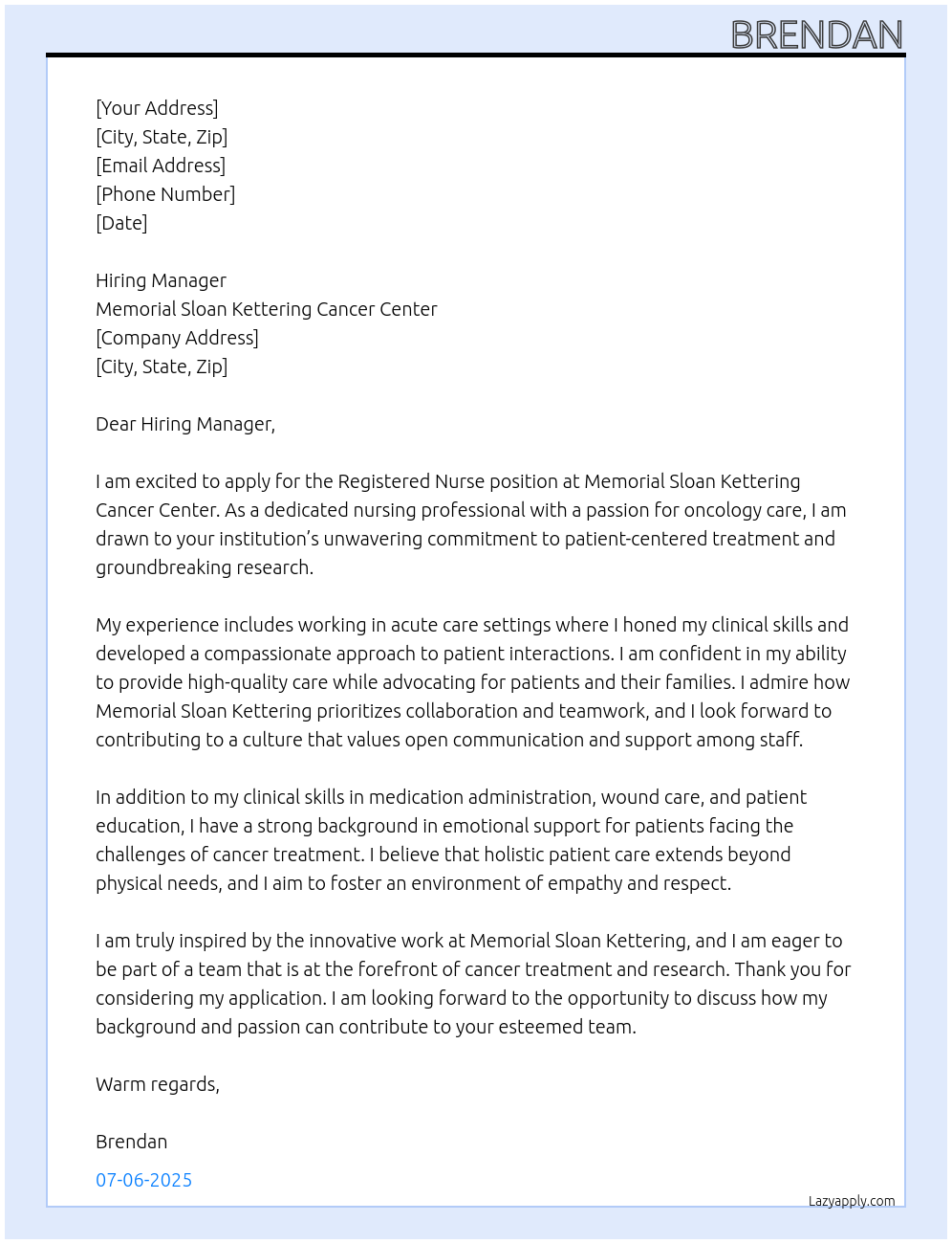 Registered nurse At memorial sloan kettering cancer center Cover Letter