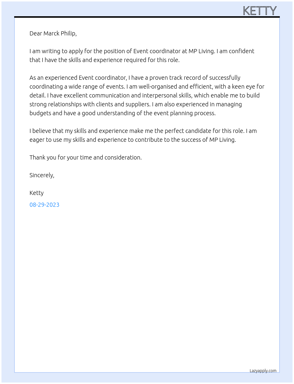 Event coordinator  At MP Living Cover Letter
