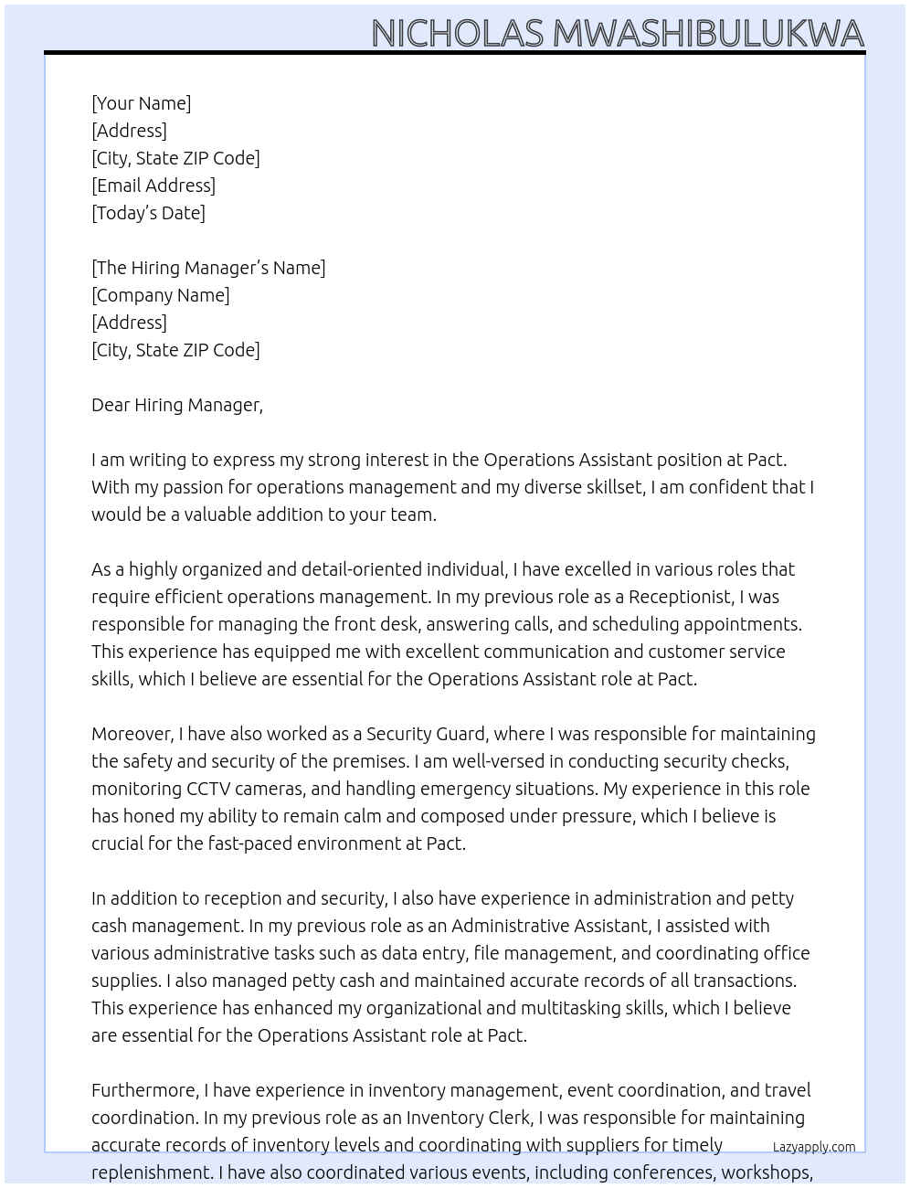 Operations Assistant  At Pact Cover Letter