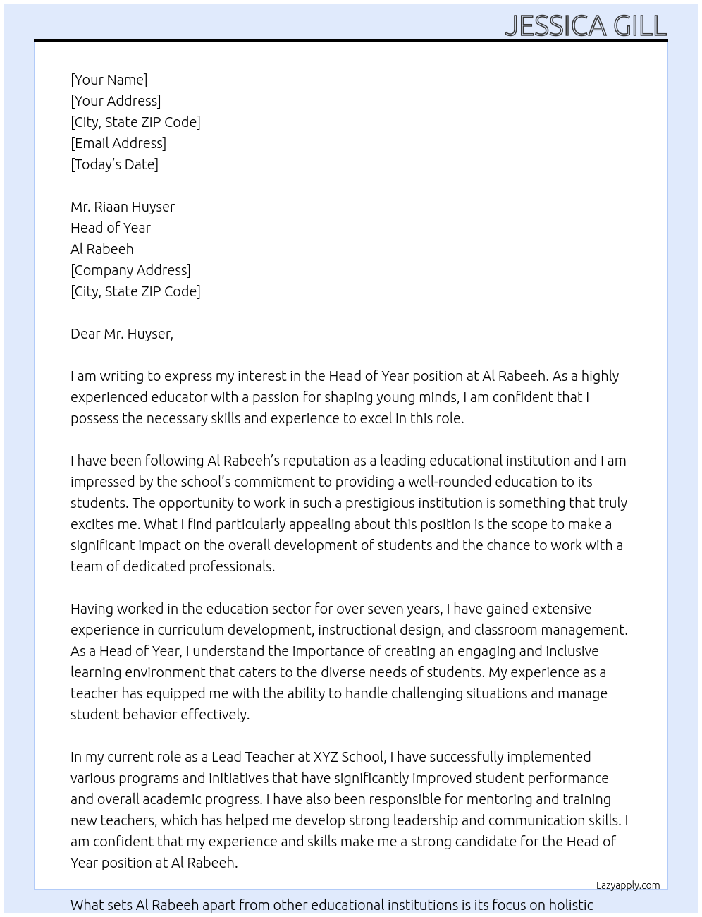Head of year At Al Rabeeh Cover Letter