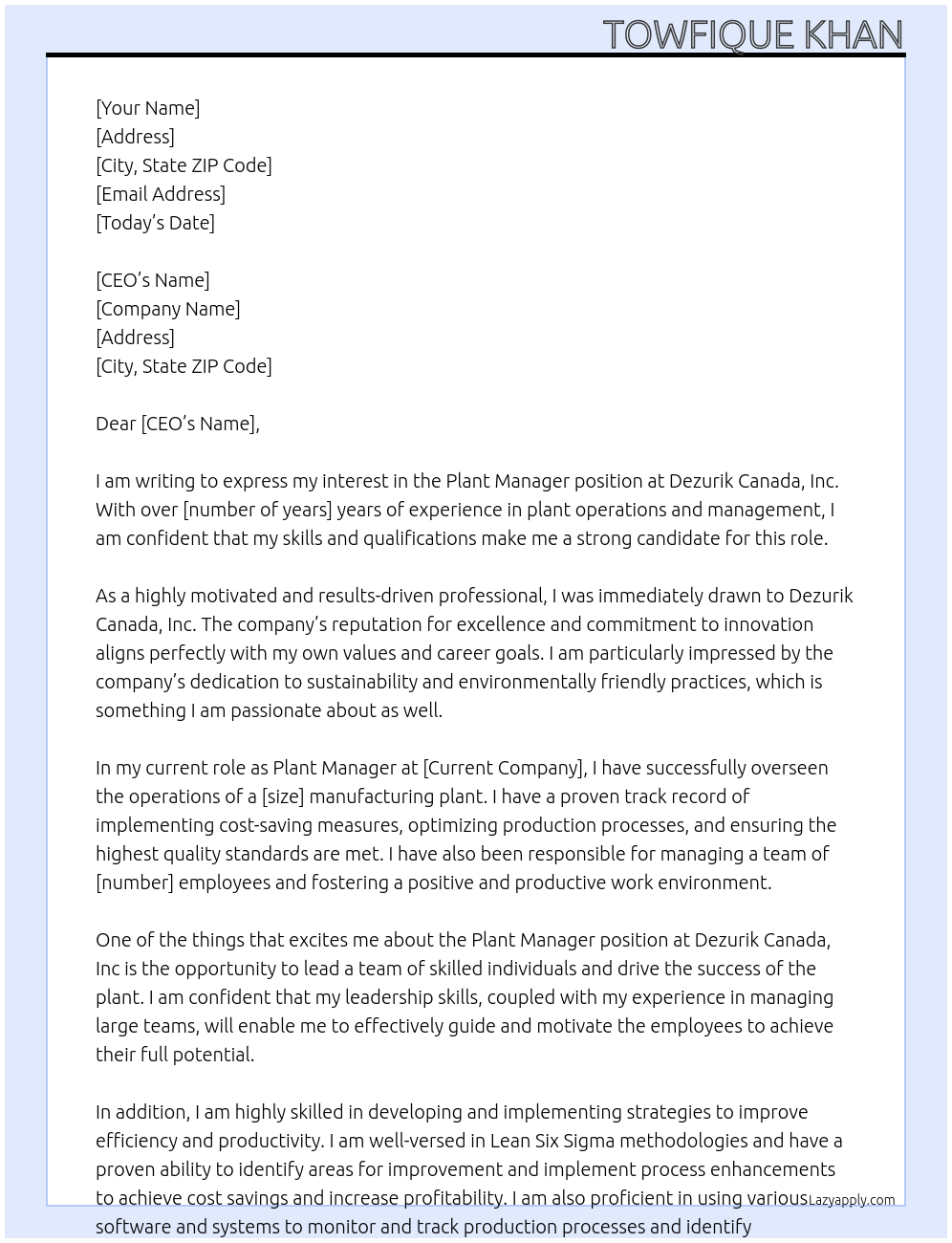 Plant Manager At Dezurik Canada, Inc Cover Letter