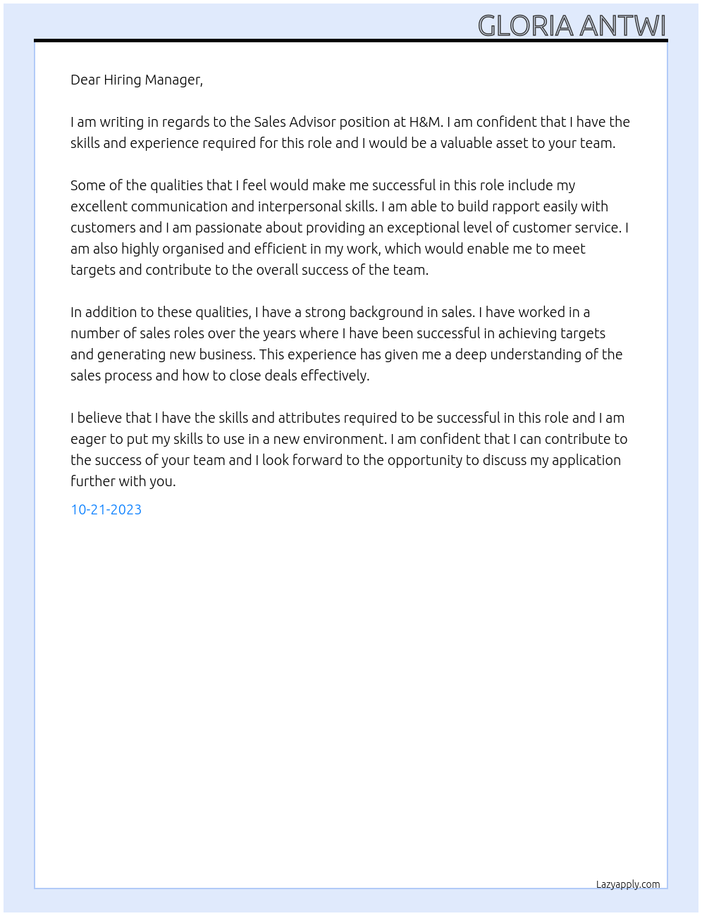 sales advisor At H&m Cover Letter