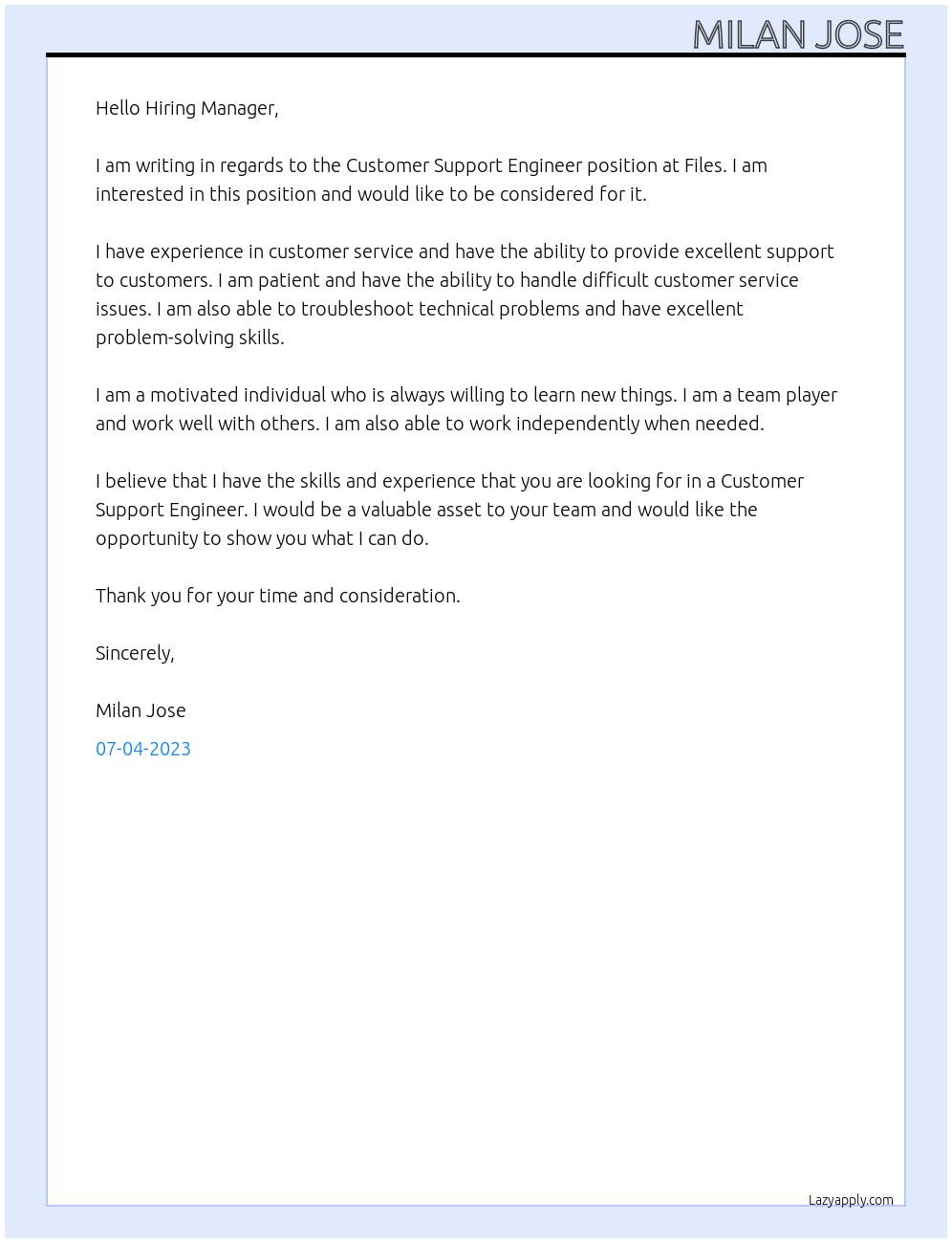Customer Support Engineer At Files Cover Letter