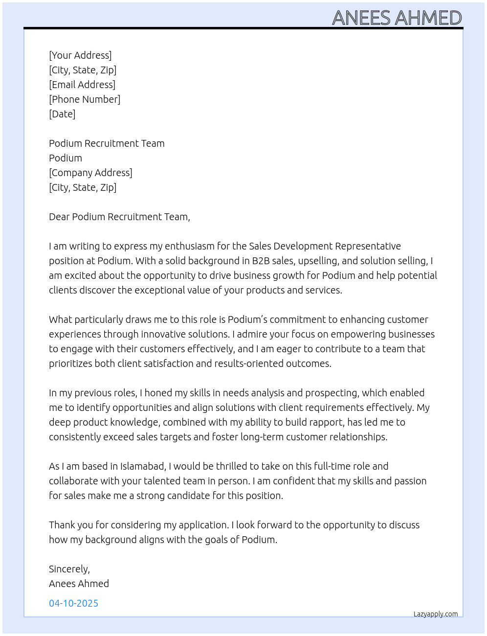 Sales Development Representative At Podium Cover Letter